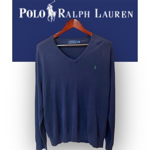 POLO Ralph Lauren 100% Merino wool Men’s V neck pullover sweater, navy blue,XL - Picture 1 of 11